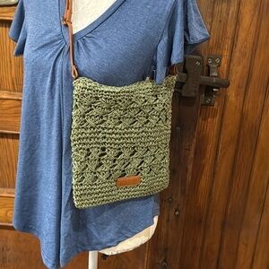 Olive Green Woven Crossbody Bag with Faux Leather Adjustable Strap NWOT